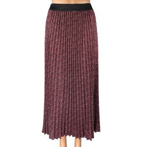 Esqualo Red Black Floral Pleated Pull On High Waisted A Line Midi Skirt Size 8